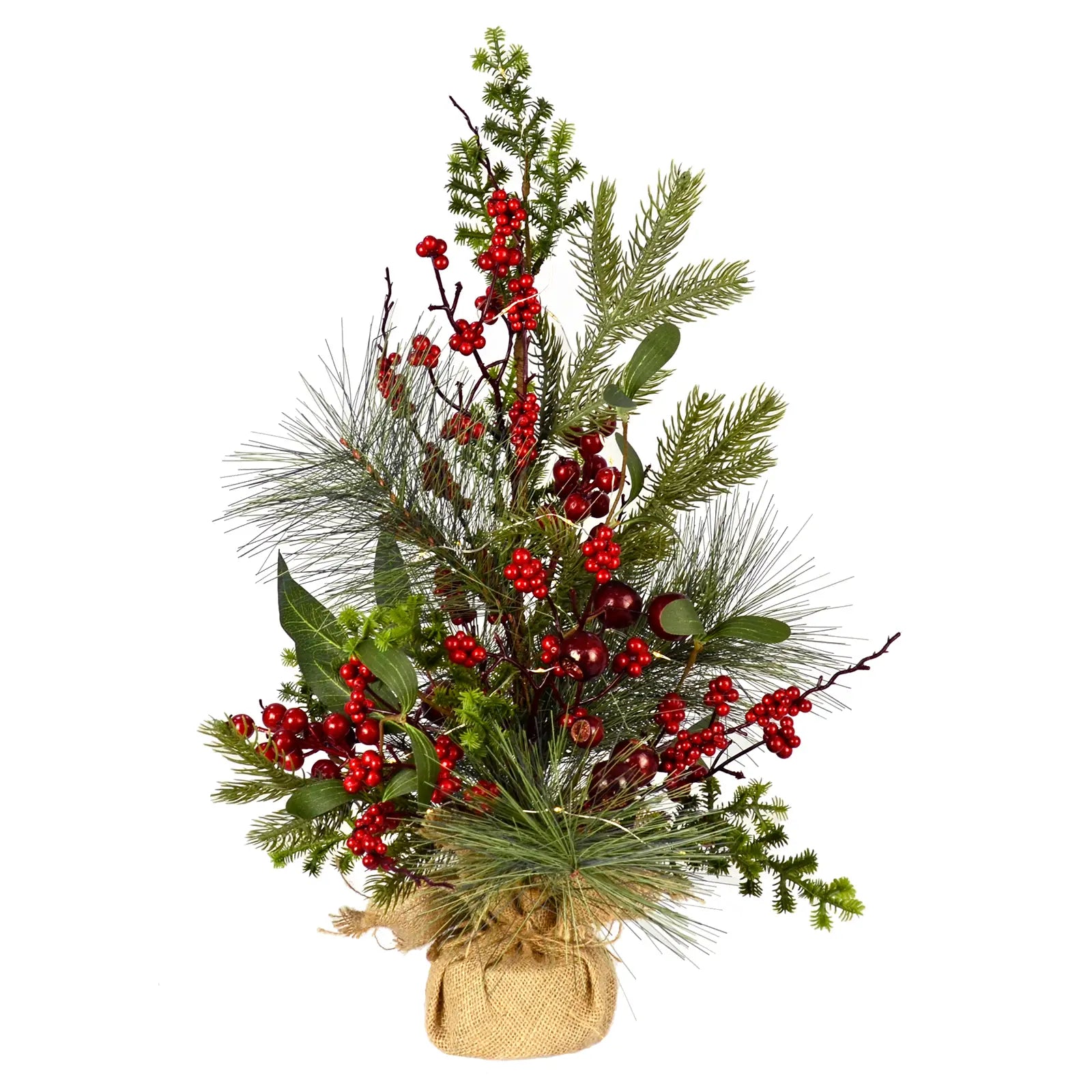 Mr Crimbo 60cm Mini Light Up Pine Christmas Tree Red Berries - MrCrimbo.co.uk -XS7612 - -